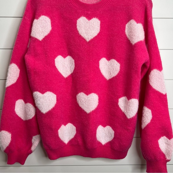 Bright Pink Heart Pattern Fuzzy Cozy‎ Sweater. Size Small. - Picture 6 of 13